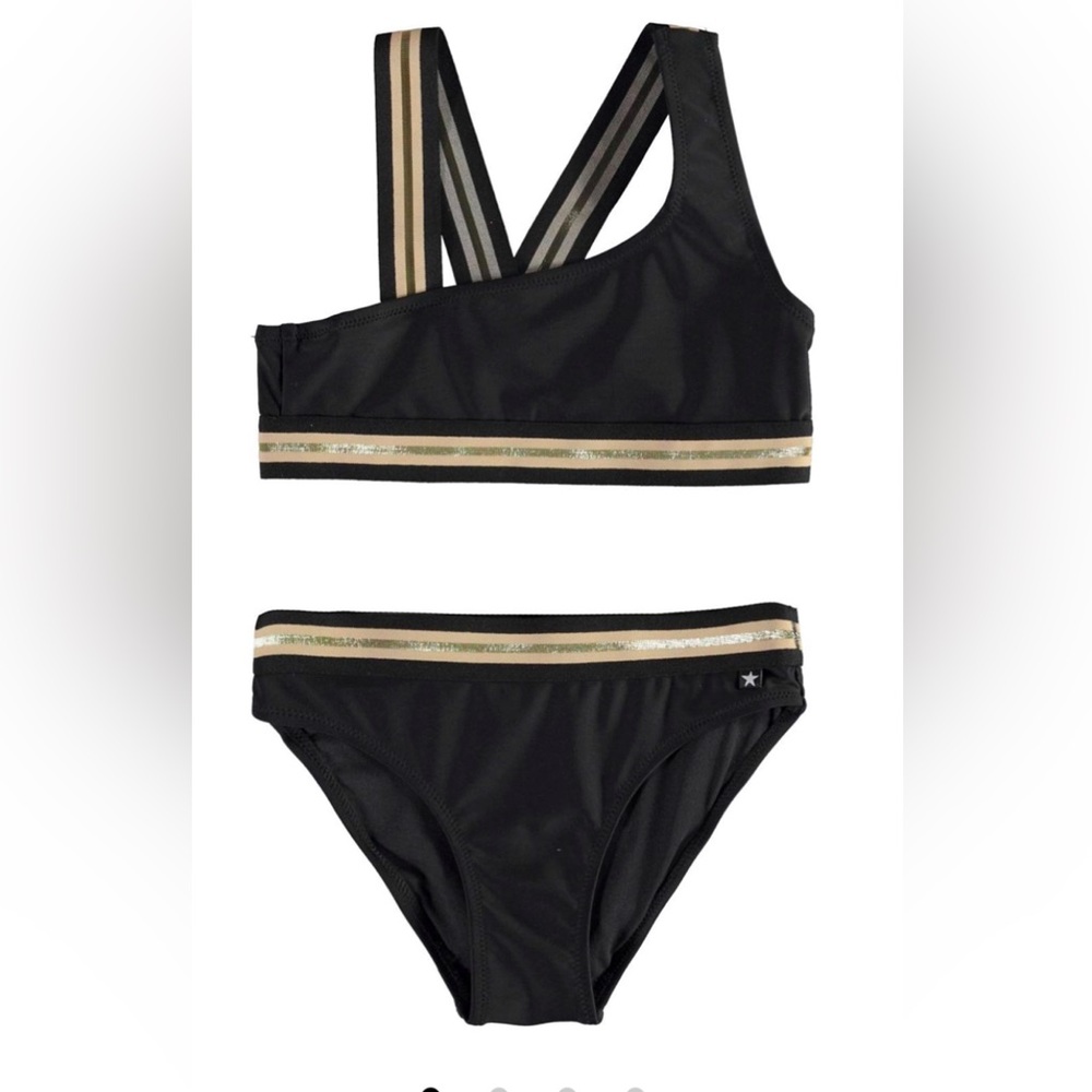 Sporty bikini in black. It has wide striped straps and edge tape in gold
